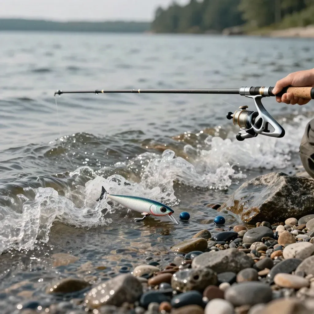 Kort strandspö och wobbler som skär under ytan vid stenig strand.