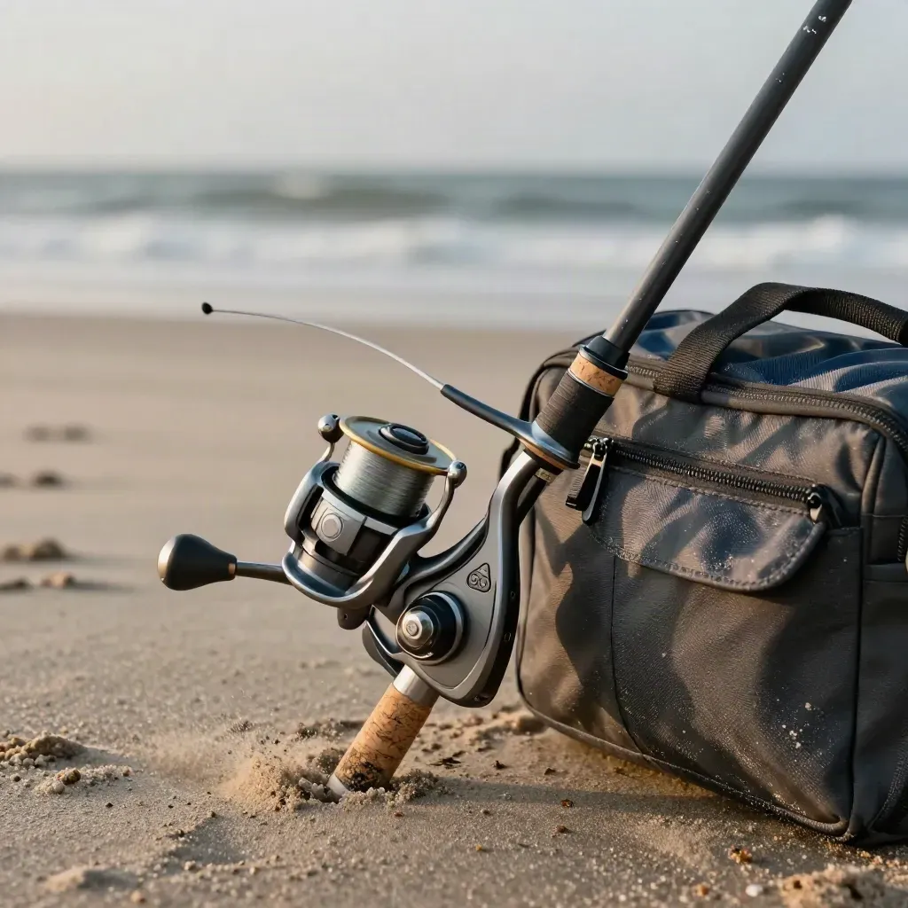Gäddspö med rulle och tackle bag i sandig strandkant, böjd topp i vind.