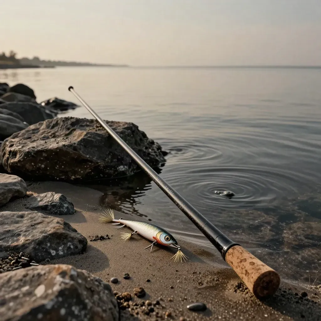 Lågt foto av ett kort spinnspö och små spinnare vid stenig strand, betet ger ringar i vattnet.
